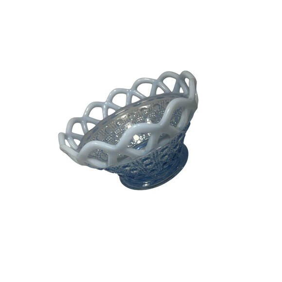 VTG Imperial Glass Basket Bowl Lacy Edge Blue Opalescent Trim Dish 1930's MCM - Picture 13 of 16